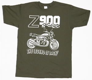 The olive-green "Z900RS THE LEGEND IS BACK" t-shirt